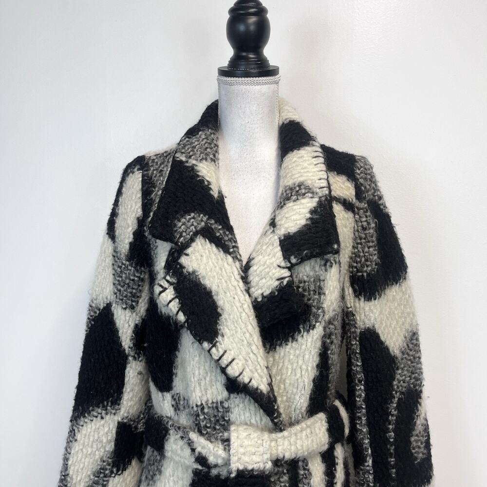 Anna Sui Coat sz Large Black White Mohair Wool Fuzzy Pockets Boho Long Boutique - Picture 2 of 7